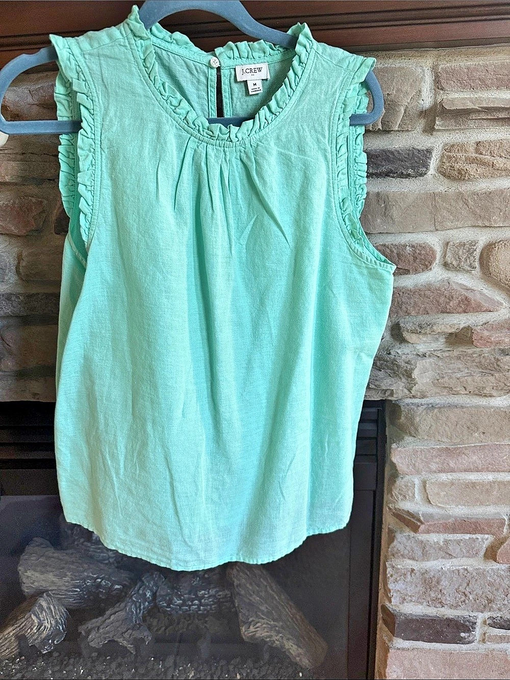 J.Crew Ruffle Neck Linen Cotton Blouse in Green Size Medium